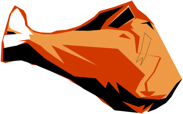 The image shows a stylized depiction of an orange fish with white fins swimming against a black background.