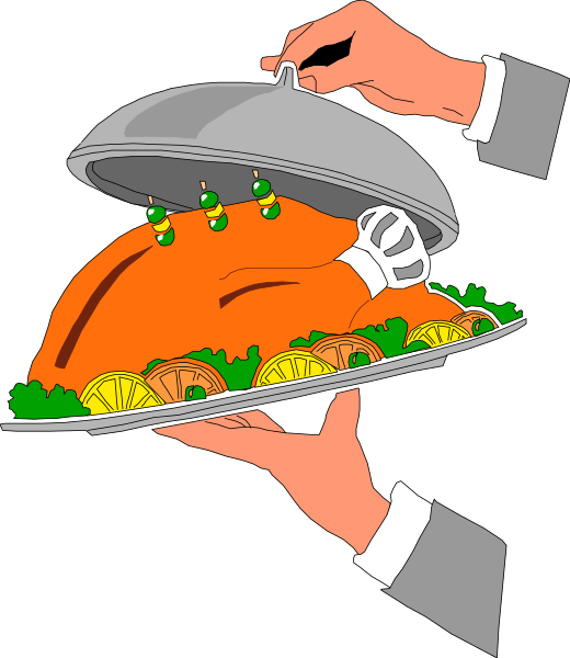 The illustration shows a hand holding an open lid of a container revealing a whole roasted turkey with stuffing inside it on top of which there is a small arrangement resembling vegetables like carrots, potatoes and green beans; all set against black background.