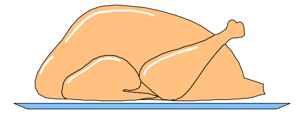 The image shows a cartoon of an orange chicken sitting on top of what appears to be blue water with ripples around it in front of a gray background.
