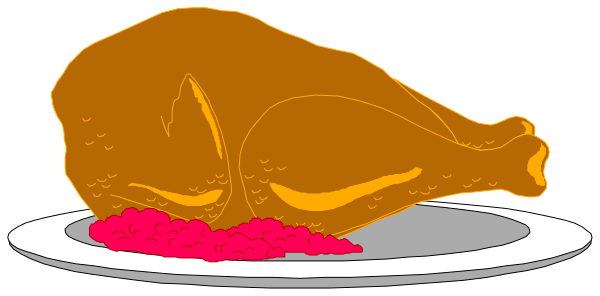 The image shows a cartoon depiction of an orange turkey with stuffing on its plate next to cranberry sauce in a bowl.