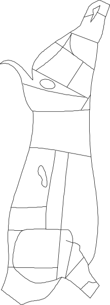 The black and white silhouette of a person standing next to an outline map with various shapes around it.