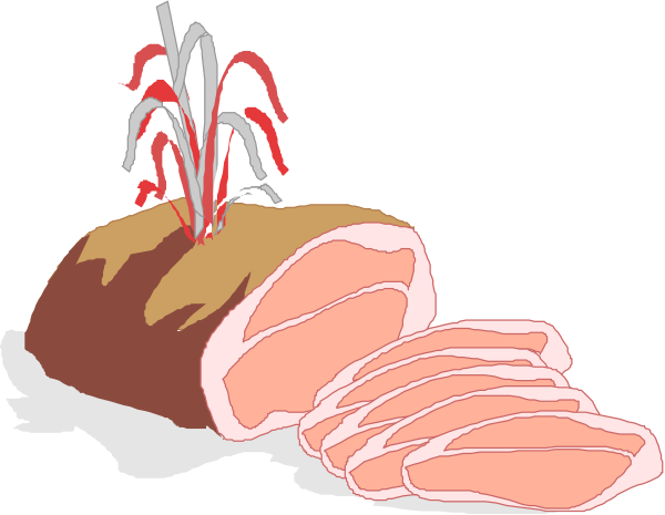 The image shows a piece of meat with red sauce on top next to some raw pork chops that have been sliced open revealing their pink interior.