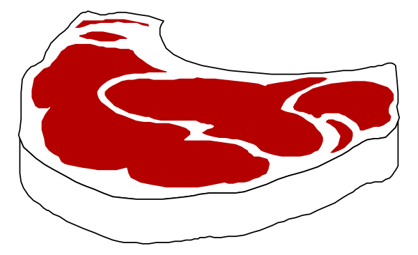 The image shows a black and white illustration of two pieces of steak with red sauce on them against a dark background.