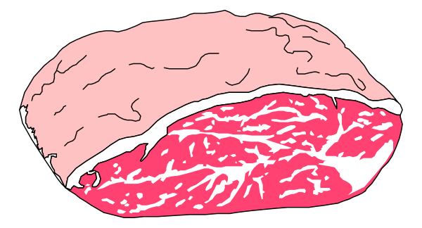 The image shows a piece of raw meat with visible fat on top placed against a black background.