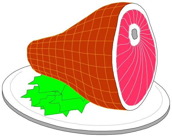 The image shows a large piece of raw meat labeled "HAM" with an eye on it placed next to some green vegetables that resemble broccoli florets in what appears to be a kitchen environment, suggesting preparation for cooking.