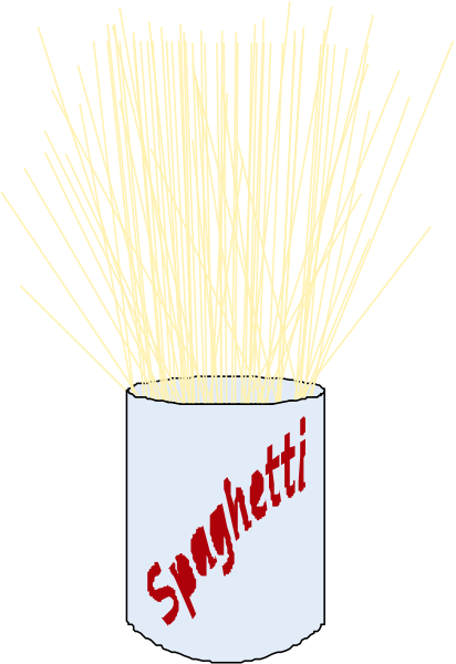 The image shows a can of spaghetti with noodles inside it being blown by an unseen force to create pasta strands that resemble hair-like tendrils in midair against a black background, and there is text on top left corner reading "spaggetti."
