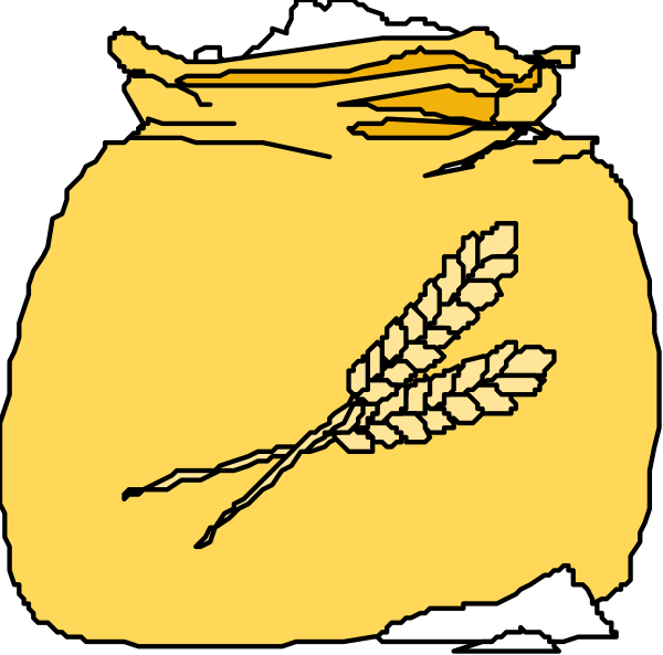 The image shows a cartoon depiction of two bags filled with wheat grains next to an illustration of bread loaves on top; there is no text present in this clip-art.