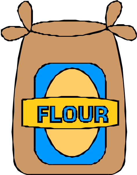 The image shows a cartoon of an open bag labeled "FLOUR" with flour inside it on top of what appears to be another sack that is partially visible at its bottom edge.