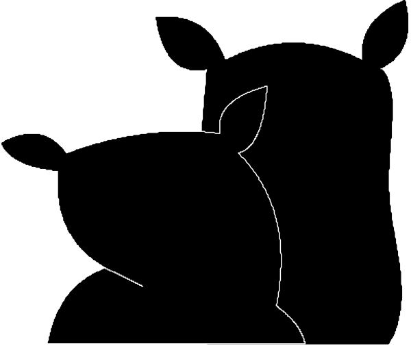 The image shows a black silhouette of three cartoon characters against a white background: two with ears resembling animal heads on either side facing forward, and one in profile looking to its right.