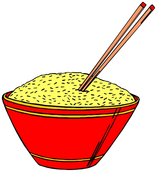 The illustration shows a bowl of rice with chopsticks resting on it inside what appears to be an oriental-style red container against a black background.