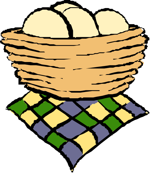 The illustration shows a basket filled with loaves of bread on top of it, placed against an abstract background that resembles a checkered pattern in shades of blue and yellow.