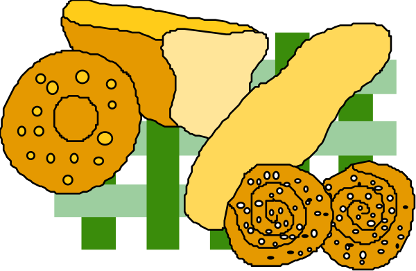 The image shows a cartoon of various food items including bread slices with seeds on top, an orange slice, what appears to be french toast pieces, possibly some kind of meat patty, and other assorted foods arranged in rows against different backgrounds that resemble kitchen countertops or shelves.
