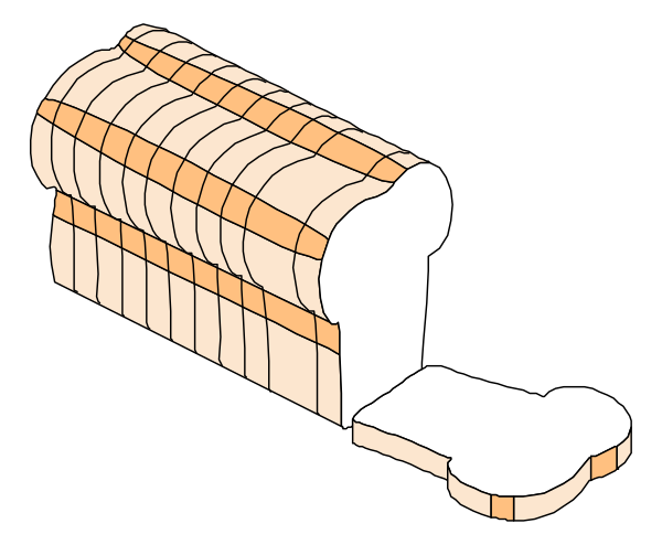 The image shows a loaf of bread with slices missing on top placed next to an open book that appears to be made out of paper strips in various shades of brown.