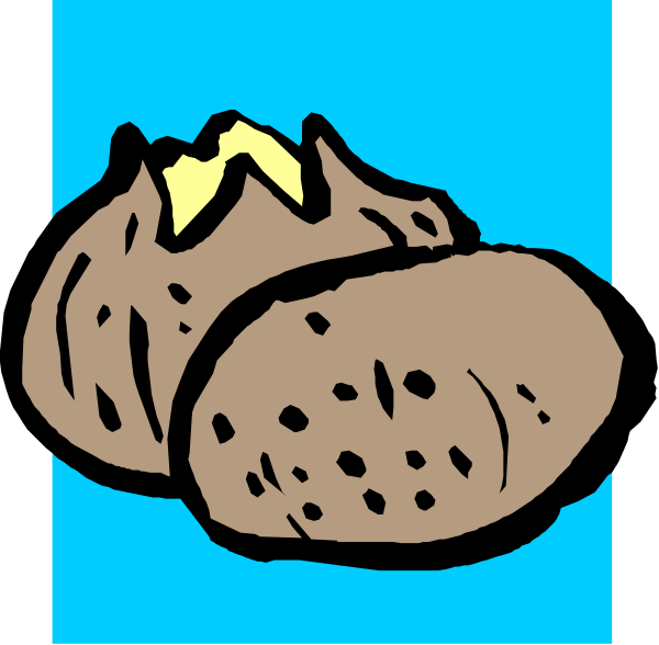 The image shows a cartoon of two baked potatoes with eyes drawn on them sitting next to each other against a blue background; one potato has an eye patch over its left eye while both have yellow chips in their mouths, suggesting that these could be anthropomorphized characters representing the concept "tater tot" or similar.