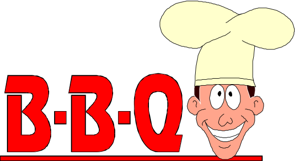 The image shows a cartoon of an animated chef with red hair wearing white clothing inside what appears to be a restaurant kitchen environment. In front of him is text that reads "BBQ" in large letters on top and smaller ones below, which seem to represent barbecue grills or possibly the name of his establishment. The background has a simple design resembling an outdoor setting with trees and sky above.