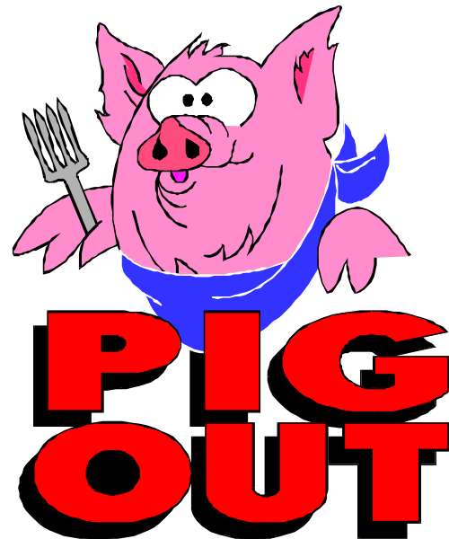 The image features a cartoon pig character with an exaggeratedly large head holding up its paw as if it's waving hello while wearing sunglasses on top of its eyes. It has pink skin and is standing in front of text that reads "PIG OUT" at the bottom, which suggests some sort of event or promotion related to pig-themed activities like eating outdoors with a fork. The background appears plain white without any additional details about setting or context beyond what's directly visible within this small clip art image.