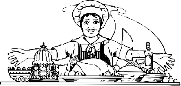 The black and white illustration depicts a chef with an exaggerated smile standing behind a table filled with food items such as bottles of wine, bowls containing various dishes like soup and salad, bread loaves on plates, and other culinary accessories in what appears to be a kitchen setting.