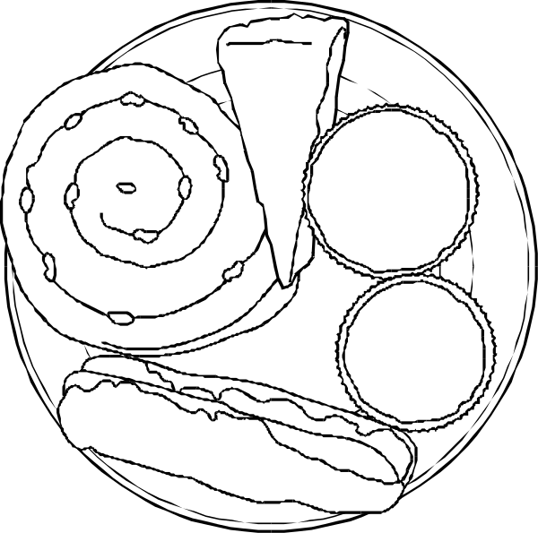 The black and white illustration shows a plate with various food items including pizza slices, hot dogs on buns, donuts, cakes, sandwiches, rolls of bread, eggs in shells, cheese wedges, and an apple slice arranged around it to resemble the solar system.