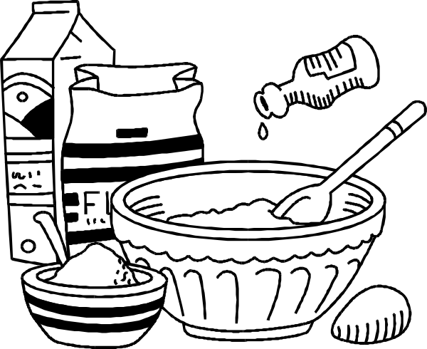 The black and white illustration shows a kitchen scene with various food items such as bowls of soup, bottles containing milk and juice, eggs in their shells on top of one bowl, spoons resting inside another bowl, an open carton next to it all, and some other ingredients like sugar or flour.