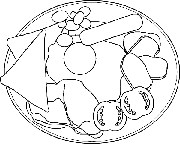 The black and white illustration shows a tray with various food items including eggs, meatballs, bread rolls, cheese slices, vegetables like carrots and broccoli, along with some fruits such as apples and bananas arranged in an appealing manner on top of each other to create the illusion that they are stacked.