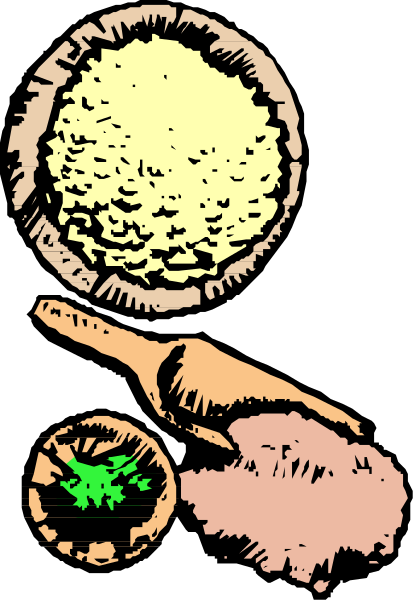 The image shows a black and white illustration of cooking ingredients: an open jar with yellow contents that resemble mustard seeds; two spoons resting on top of it; one spoon is larger than the other, suggesting different sizes for measuring spices; next to these items there's another smaller container filled with green herbs.