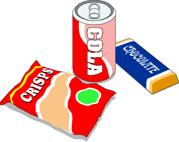 The picture shows a can of soda (Coca Cola), two bags of chips with different flavors—one is cheddar & sour cream flavor and one has chocolate chip cookies inside it—and an open bag of potato chips on top, all placed together in front of the viewer.