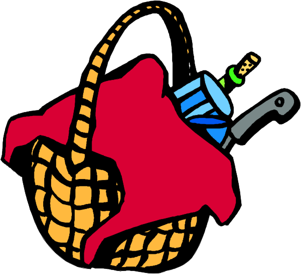 The illustration shows a basket with various items inside it placed on top of what appears to be an ironing board covered by a red cloth.