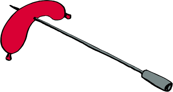 The image shows two red sausages on a stick with prongs at each end, placed against a plain background.