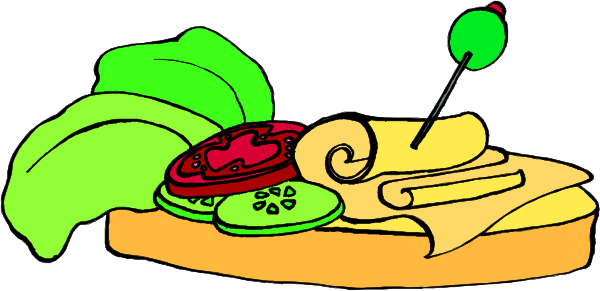 The image shows a cartoon of food items on top of each other with various toppings like lettuce, tomato slices, cheese, sauce, and possibly meatballs in an arrangement that resembles a pizza slice being served as part of another dish or meal.