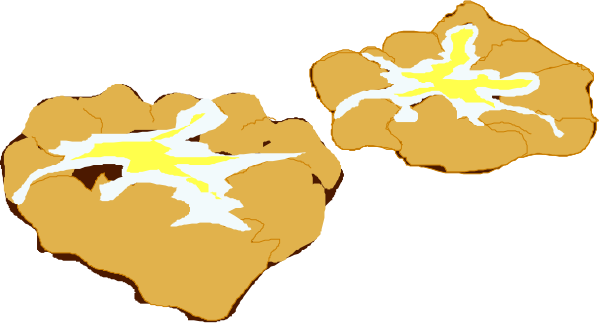 The image shows three pieces of food that resemble pizza with toppings on a black background.