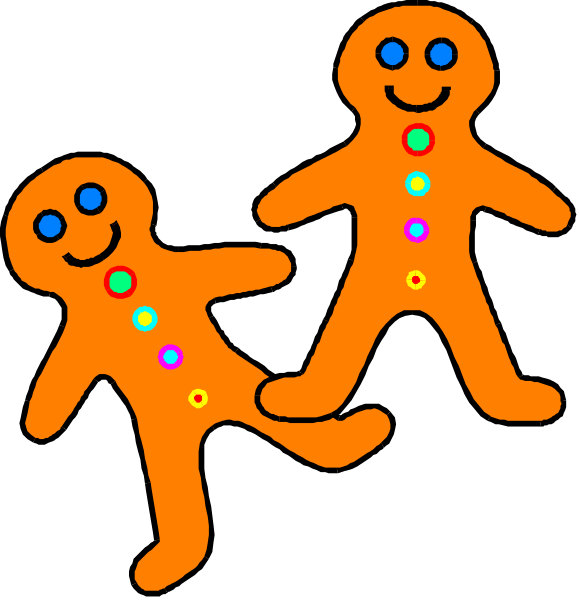 The images show a sequence of two gingerbread figures with rainbow sprinkles on their bodies walking together from left to right against different backgrounds: one is black, another dark blue, third light gray, and fourth white; all have smiling faces and eyes that change color in each frame as they move.
