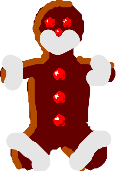 The image shows a pixelated representation of an anthropomorphic gingerbread figure with red eyes standing upright against a dark background.