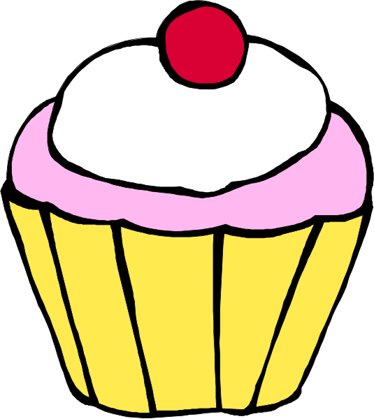 The image shows a cartoon cupcake with pink frosting on top of it, featuring an illustration that is simple yet colorful.