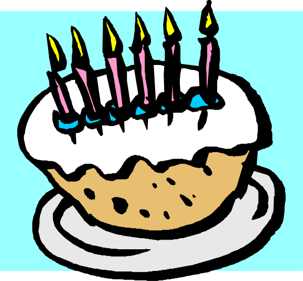The picture shows a birthday cake with candles on it placed next to an ice cream cone shaped cookie on top of a plate against a blue background.