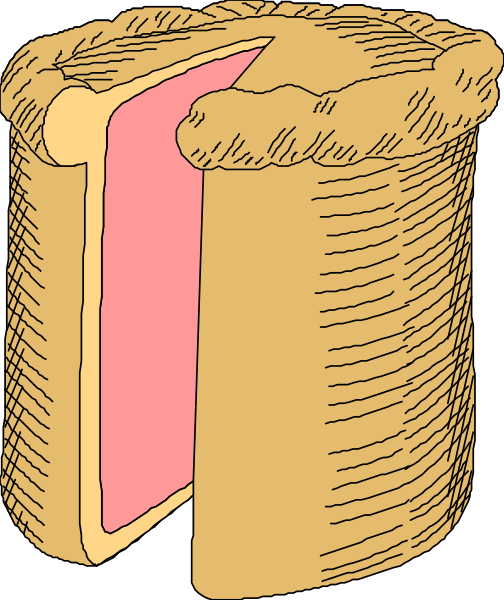 The illustration shows a slice of cake with pink filling inside an open pastry crust on top of what appears to be a tablecloth patterned in shades of brown.