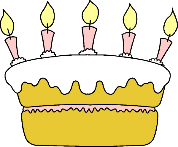 The image shows a birthday cake with candles on it next to cupcakes decorated like party hats.