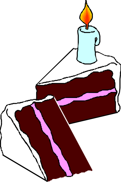The image shows a slice of cake with pink frosting on top next to an unlit candle placed inside it; there is no text present in this clip-art illustration.