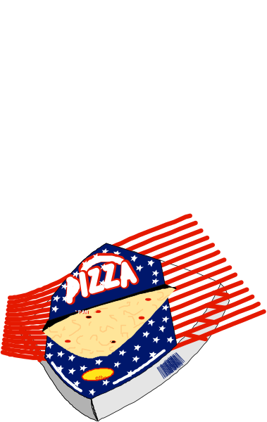 The image shows a pizza with an American flag design on it inside of what appears to be a cardboard box that has been cut out in such a way as to resemble a head wearing a visor cap, and there is also another smaller picture within this larger one showing two slices of the same pizza.