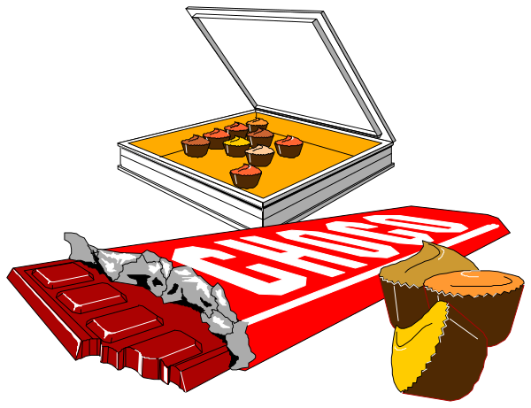 The image shows a cartoon depiction of an open box with various items inside it: chocolate bars on top left corner; two cups in center right area that appear to be filled with something red but their contents aren't clear from this angle, and possibly some other small objects or foodstuffs. In the bottom part of image there is a signboard displaying "SALE" written across its width horizontally on top half, followed by an arrow pointing downward towards two items: what looks like chocolate bars in red wrappers with white lettering at lower left and something that re