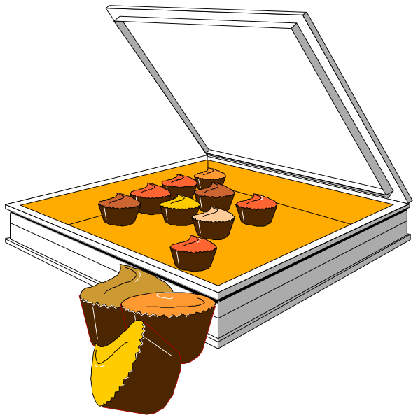 The image shows a cartoon of an open box with various cupcakes inside it on top of what appears to be frosting in one half and possibly some other food item like pizza slices in another, all set against black backgrounds for comparison purposes.