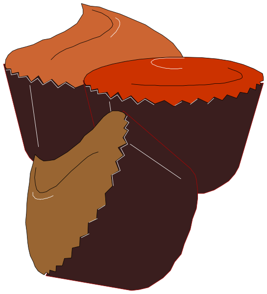 The image shows a cartoon of three cupcakes with different toppings: red velvet cake on top left, chocolate frosting in middle right, and vanilla icing at bottom center. Each has distinct textures indicating their flavors. There is no action or setting depicted; the focus remains solely on these dessert items. The image does not contain any objects other than cupcakes nor depict people or animals. It's a simple illustration with minimal detail, emphasizing each type of cake for easy identification and comparison.