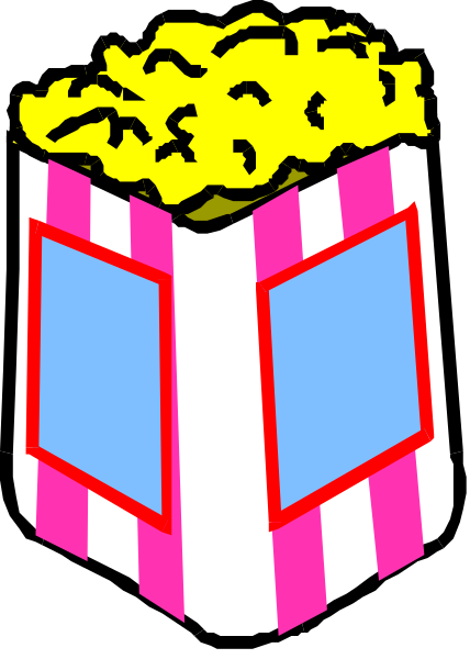 The image shows a cartoon of an open popcorn box with yellow kernels inside it against a dark background.