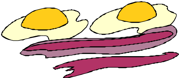 The image shows a cartoon of three eggs with faces on them next to two fried egg images; there is also an illustration of sunrise in purple hues behind it all.