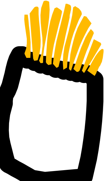 The image shows a stylized graphic of French fries with an exaggeratedly large golden top resembling hair on one side against a black background.