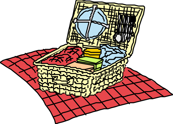 The image shows a cartoon depiction of an open picnic basket with various items inside on top of what appears to be a red checkered blanket outdoors during daylight hours.