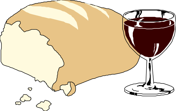 The cartoon shows a loaf of bread with two slices missing on top left corner next to an empty wine glass filled with red liquid in center right side, suggesting that someone has taken some food from it while drinking something else out of another cup which is not visible here.