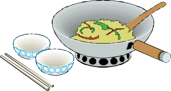 The image shows a bowl of soup with chopsticks on top placed next to two bowls containing sauces, all set against a dark background; there is no text present in this clip-art illustration.