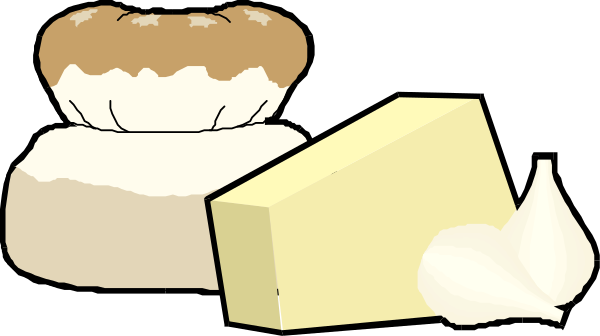 The image shows a cartoon depiction of various food items: two pieces of bread with butter on top; an open pastry revealing its filling inside; cheese slices next to it; and what appears to be cream puffs in front, all set against a black background that contrasts the colors.