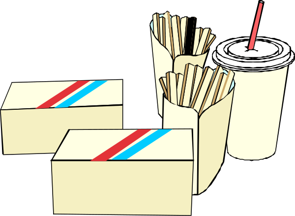 The image shows a collection of food items including french fries, straws with drinks, boxes containing sandwiches, and other snack foods arranged on what appears to be a tabletop surface in an indoor environment.