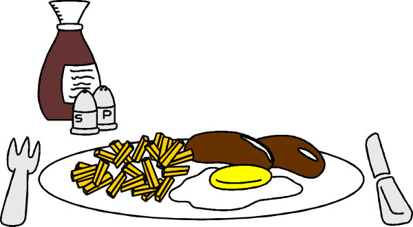 The picture shows a plate of breakfast food including eggs, french toast sticks (or possibly waffle strips), sausage links, hash browns, ketchup on one side for dipping, and syrup in another bottle; there's also an order pad with "Egg" written across it.